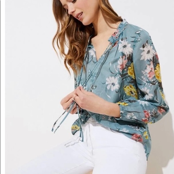 LOFT Tops - LOFT Floral Ruffle Tie Neck Floral Blouse